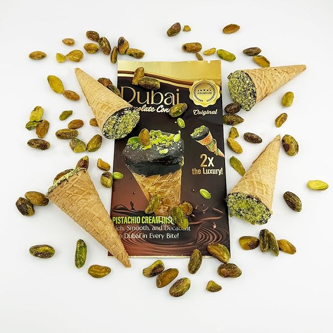 Close-up of pistachio chocolate cone with packaging